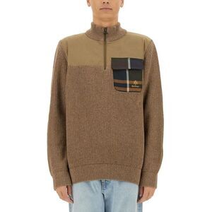 BARRACUTA Men's Half-Zip Ribbed Knit Sweater with Chest Pocket Men Beige